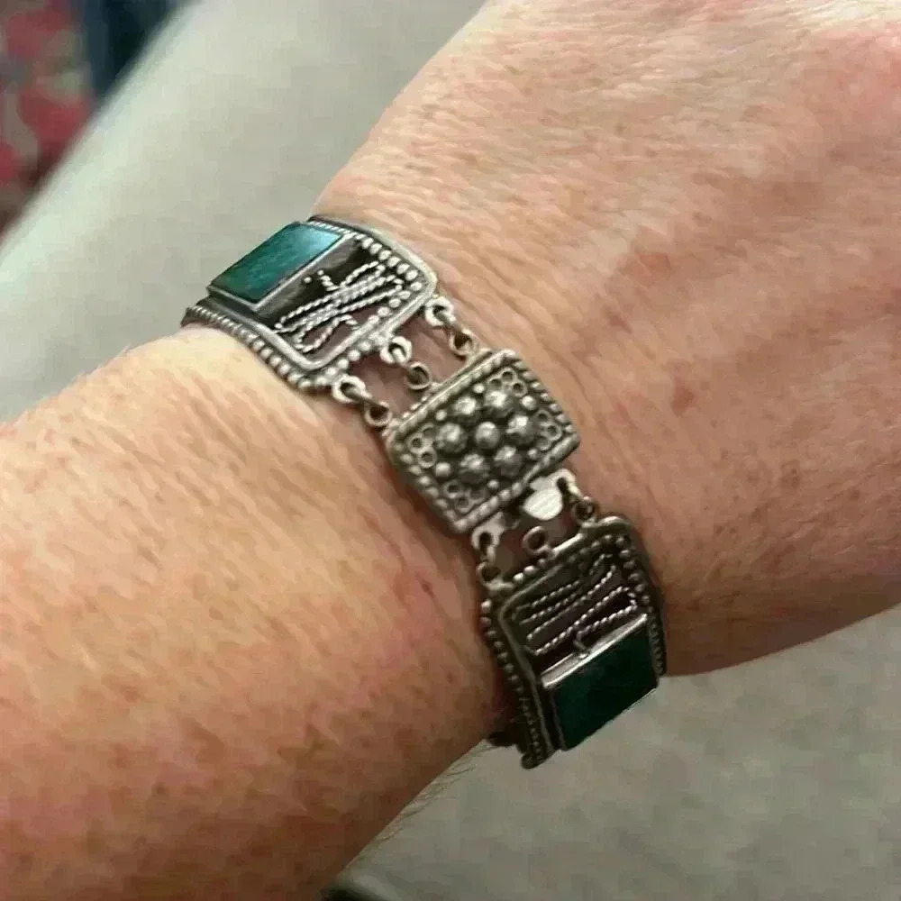 Vintage silver enameled Peruvian style bracelet